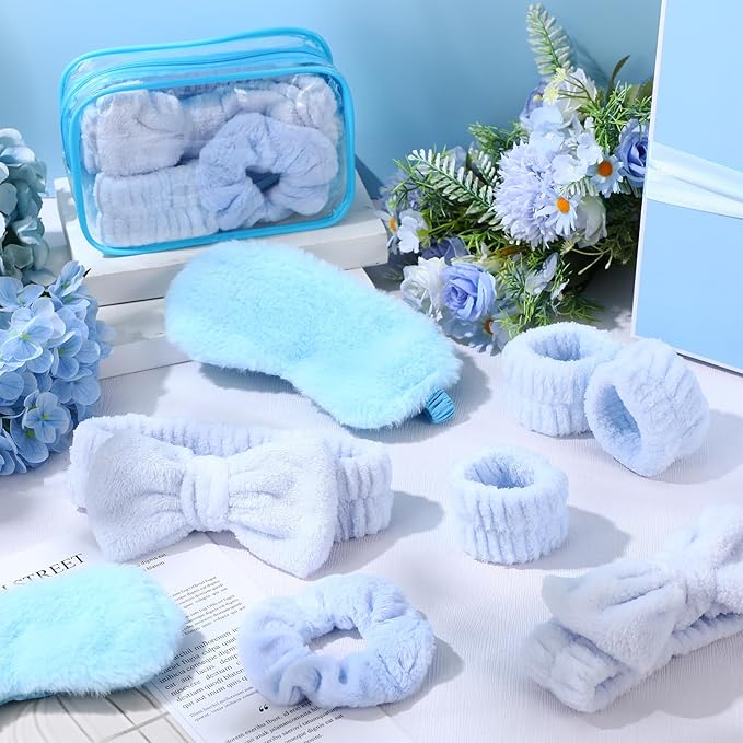 Hoteam 10 Pcs Spa Party Supplies Gift for Mother's Day Sleepover Party Favor Spa Headband Wristband Sleep Eye Mask Velvet Scrunchies for Skin Care Makeup Slumber Night Favor(Blue)