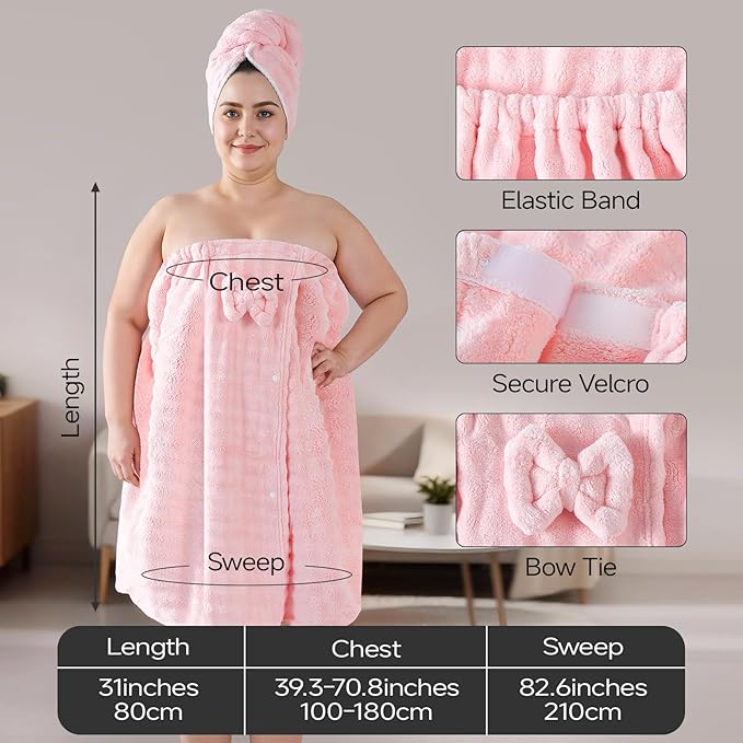 REDKISS Pink Plus Size Towel Wrap for Women, XL Adjustable Shower Wrap with Hair Towel, Super Absorbent Bath Towels Wrap for Body, Microfiber Plush Towel Wrap, Warmth Velcro Plus Size Wraps Towels