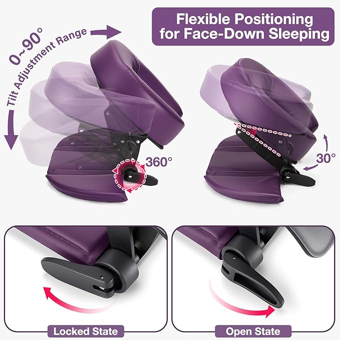 Udefineit Face Down Tabletop Massage Kit, Adjustable Headrest Face Cradle with Hand Rest Pad, Universal Desktop Home Mattress Massage Cradle with Soft Pillow for SPA Chair Bed Office Desk - Purple