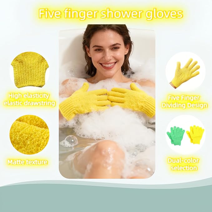 4-Pack SpaGlow Exfoliating Bath Gloves - Body & Face Scrub for Smooth Skin, Prevent Acne, Unclog Pores. Deep Cleansing and Massage Spa Gift Set for Women/Men, Yellow and green