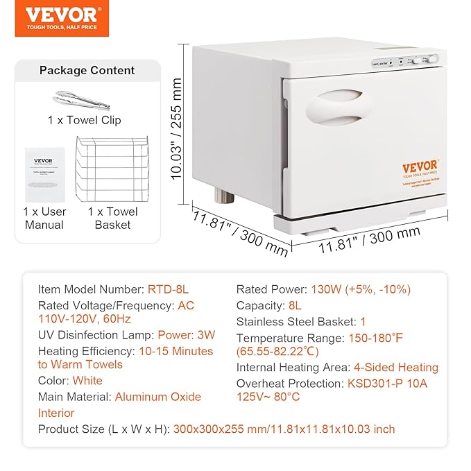 VEVOR Hot Towel Warmer, 8L Small Towel Warmer Cabinet with Clip & Stainless Steel Rack, Holds up 12 Towels, Portable All-Round Heating Cabinet for Spa, Barber, Manicures, Massage, Salon, White