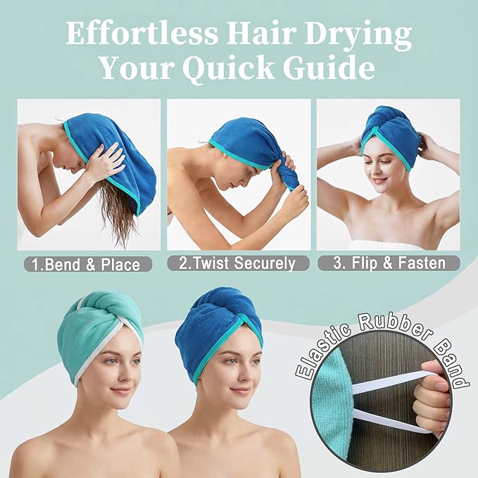 VOOVA & MOVAS Aqua & Blue Microfiber Hair Towel Wrap for Women 2Pcs, Super Absorbent Quick Dry Hair Towels for Wet Hair After Shower, Soft Lightweight Hair Wraps