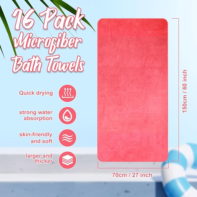 SmoothNovelty 16 Pack Microfiber Bath Towels Bulk 27'' x 60'' Oversized Beach Towel Highly Absorbent Extra Large Soft Drying for Shower Pool Salon Sauna Bathroom Gym Party (Simple,Pink)