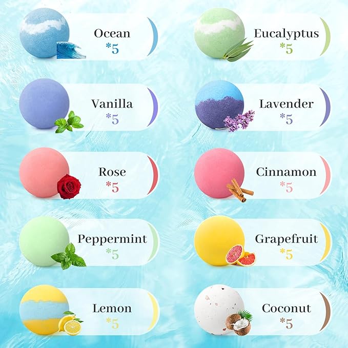 TranquilBliss Bath Bombs Set 50 PCS with 10 Rich Scents, Bath Bombs for Women, Natural Bubble Bombs with Shea Butter & Safe Oil, Ideal for Mother's Day, Valentine's Day, Birthday Present (Purple)