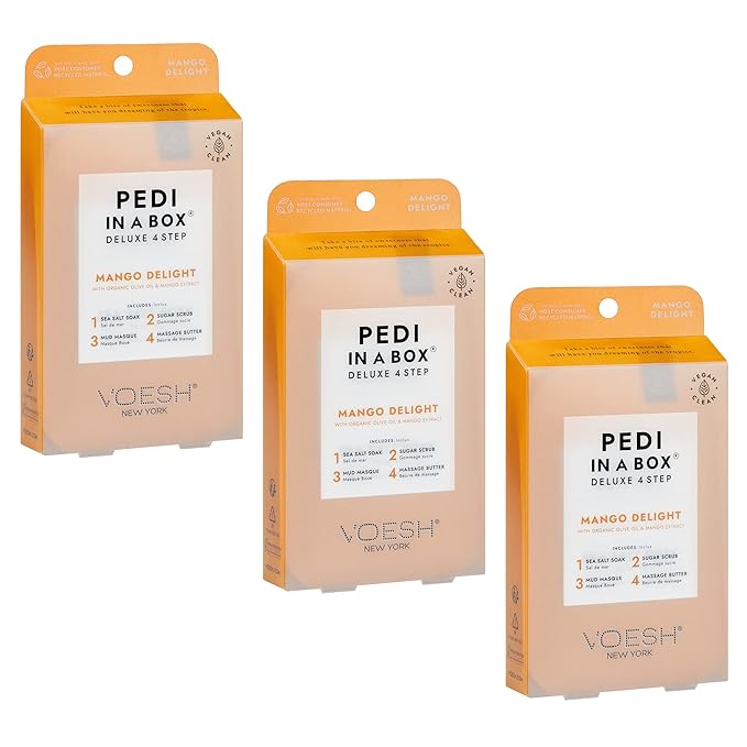 VOESH Pedi in a Box 4 Step Mango Delight - 3 Pack, Pedicure Set, At-Home Pedicure, DIY Pedi, Foot Treatment, Pedicure Supplies, Foot Spa, Foot Care
