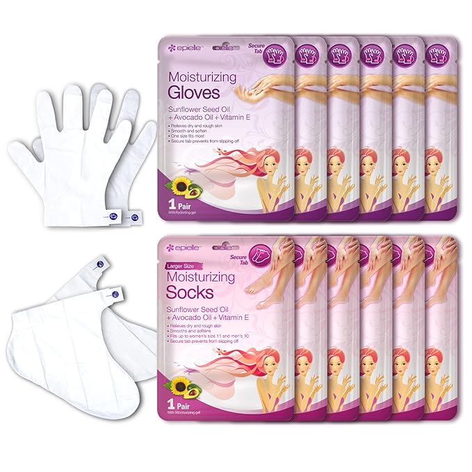 Epielle Moisturizing Hand & Foot Masks, Soften Dry Skin with Sunflower Seed Oil & Vitamin E, Self Care Gifts for Women, Spa Kit, Mothers Day Gifts, 6 Moisturizing Gloves & 6 Moisturizing Socks