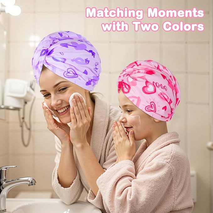 FIOBEE Microfiber Hair Towel Wrap for Kid Rapid Drying Towel Absorbent Hair Turbans for Wet Hair with Button Women Girls Long Curly Hair Pack of 2, Pink/Purple Heart