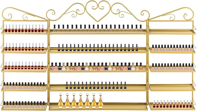 5-Tier Wall-Mounted Nail Polish Storage Racks Set of 3, Metal Cosmetic Display Case with Lipstick Perfume Shelf, Essential Oil Organizer for Home Spa Nail Salon Shop(Gold)