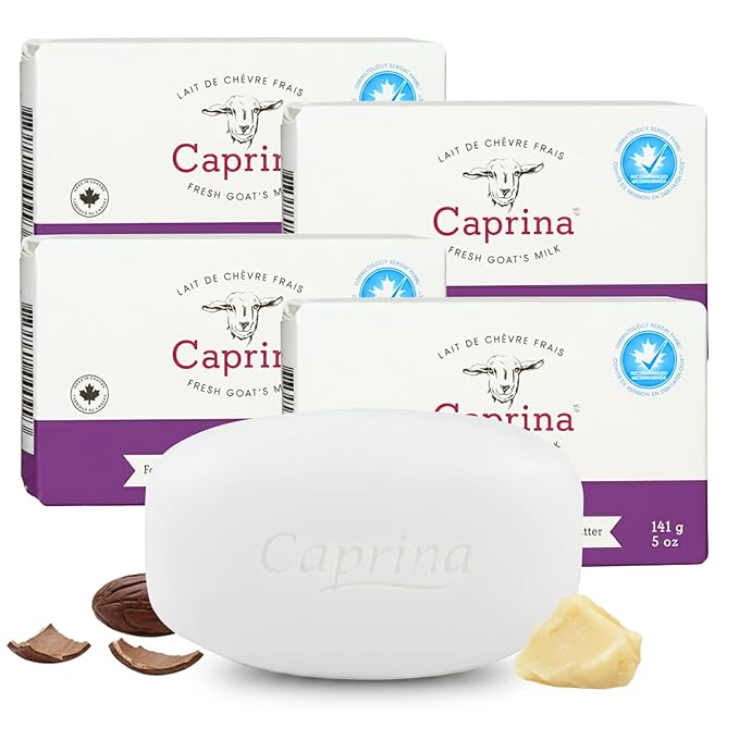 Caprina Goat Milk Bar Soap, SHEA BUTTER, 5 oz (141 g), Natural Hand & Body Soap Bars, Moisturizing Bath Soap for Sensitive Skin with Vitamins B2 & B3, Shea Butter, 5 oz, 4-PACK