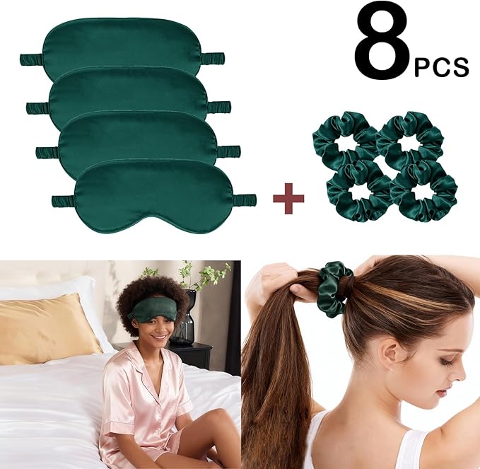 Satin Eye Mask 8Pcs Silk Sleep Masks Silky Blindfold Eyeshade Blackout Eyes Cover Scrunchies Hair Ties Travel Wedding Gifts