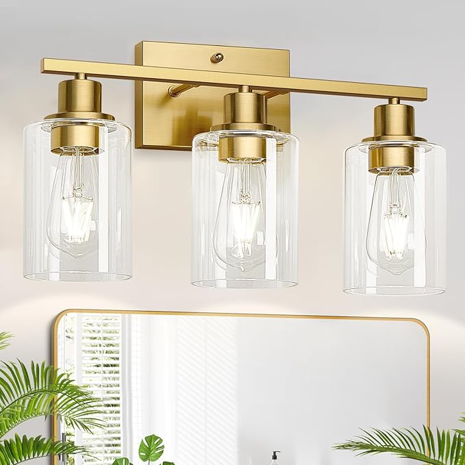 MOKATNG 3-Light Bathroom Light Fixtures, Vanity Light with Clear Glass Shades, Brushed Gold Bathroom Light Fixtures Over Mirror, Modern Bathroom Wall Lamp for Mirror Living Room Cabinet Bedroom
