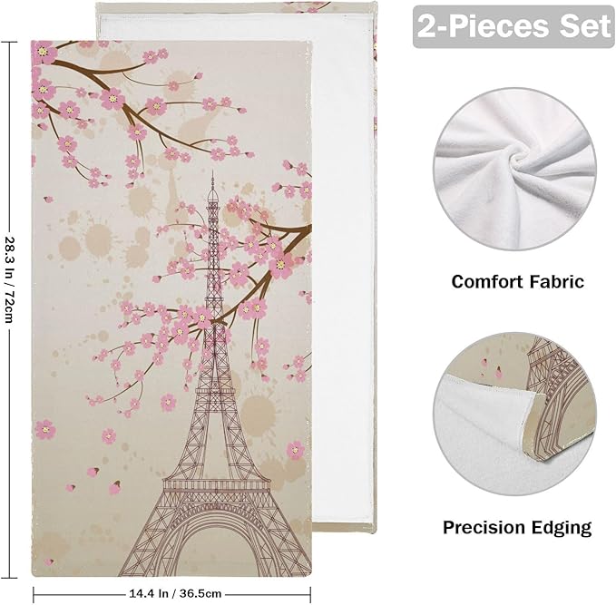 Pink Cherry Blossom Paris Hand Towels for Bathroom Set of 2,Vintage Eiffel Tower Romantic France Plum Floral Decorative Bathroom Towels for Bath,Soft Absorbent Dish Towels for Kitchen 28"x14"