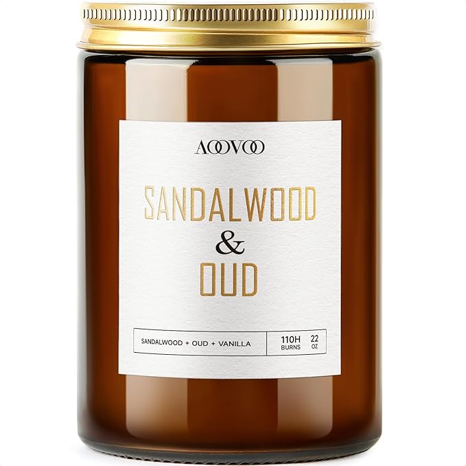AOOVOO Sandalwood Oud Candle - Large Scented Candles 22oz, Soy Candles, Aromatherapy Candle, Soy Wax Candle