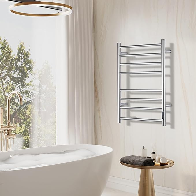 Towel Warmer Bathroom Wall Mounted Drying Rack Plug-in Electric Heated Towel Rack Stainless Steel Brushed Timer & Temperature Control 8 Bar
