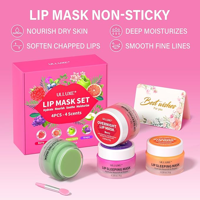 Lip Mask Set 4 Pcs, Mothers Day Gifts for Mom, Wife, Lip Care Products for Women & Teen Girls, Overnight Lip Masks to Hydrate, Nourish & Soften Lips, Lip Sleeping Mask to Moisturize Cracked Lips