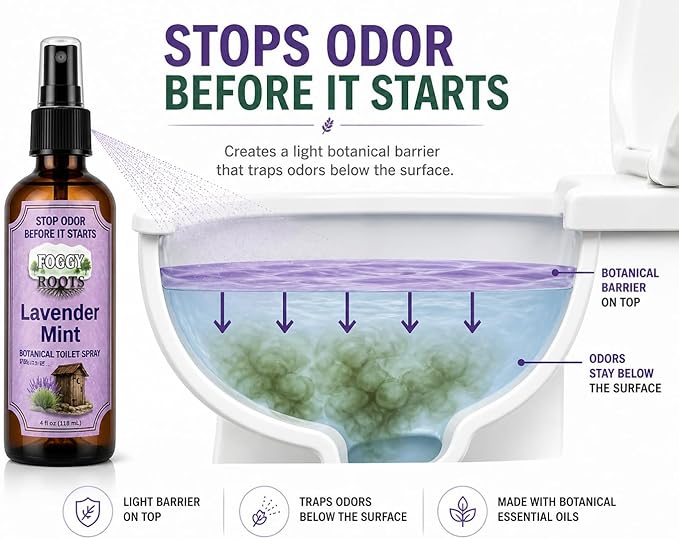 Lavender Toilet Spray – Stops Odor Before It Starts, Bathroom Odor Eliminator for Toilet, Traps Odors Below the Surface, 4 oz (200+ Uses) Travel Size for Home, Work & On-the-Go