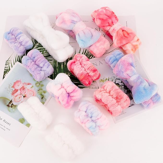 CIEHER 12 PCS Makeup Headband for Women Wrist Washband Scrunchies Cuffs for Washing Face, Soft Bow Hair Band Matching Wristbands, Colorful & White DIY Spa Headband Coral Fleece