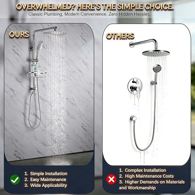 Rain Shower System with 304Stainless Steel Shelf, 12 Inch Rainfall Shower Head System with Handheld Spray, SonTiy Dual Shower Combo with Height Adjustable Holder, Brass Diverter, 1.8 GPM, Chrome