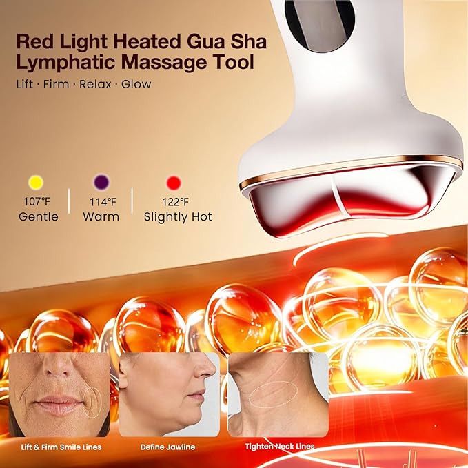 Cold Heat Gua Sha Facial Neck Lymphatic Massager, 7-in-1 LED Red Light Face Depuffer Sculpting Tool, Hot Electric Gua Sha Lift Device & Cooling Depuffing Wand, for Contouring, Firming
