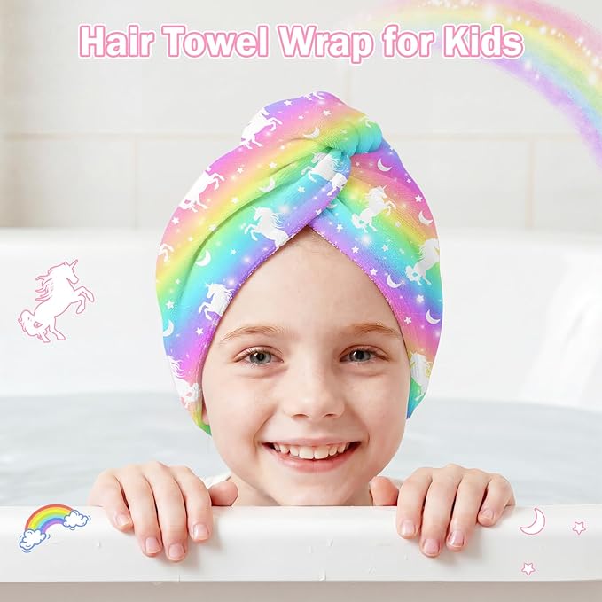 Microfiber Hair Towel Wrap for Kids Hair Drying Towel Wrap with Button 2 Pack Wet Hair Towel Wrap Head Towels Wrap for Girls