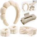 SPA Headbands and Wristband Set for Face Washing with Clear Bag Cute Skincare Makeup Headband Wrist Bands Hair Clips for Women Teenage Girls Gifts Trendy Stuff Khaki