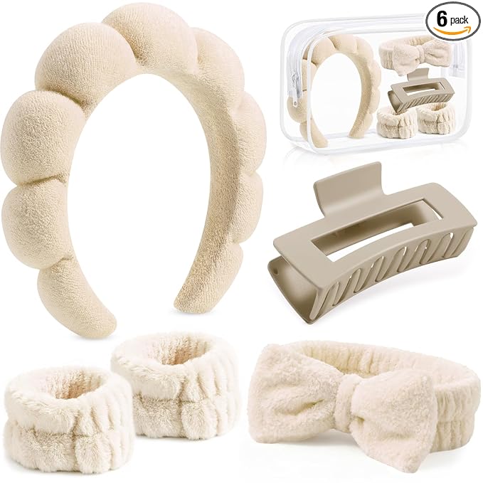 SPA Headbands and Wristband Set for Face Washing with Clear Bag Cute Skincare Makeup Headband Wrist Bands Hair Clips for Women Teenage Girls Gifts Trendy Stuff Khaki