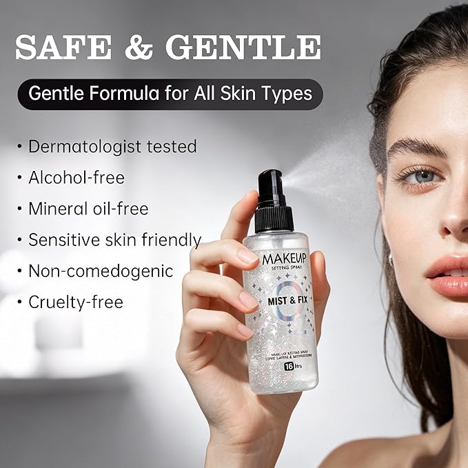 Setting Spray for Makeup, 16 Hr Long Lasting Fixing Spray Waterproof Transfer Resistant, Lightweight Hydrating Setting Mist with Shimmer Dewy Finish, Face Primer Make Up for All Skin Types, 3.72 Fl Oz