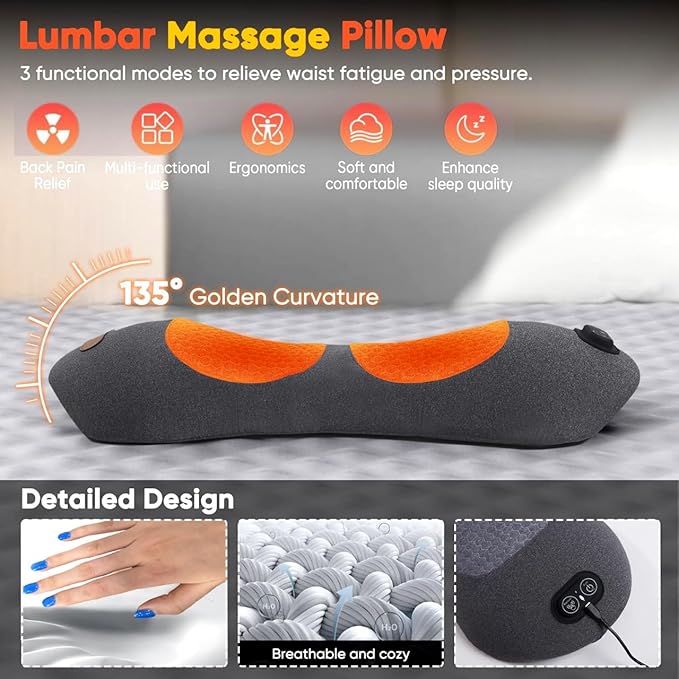 3 in 1 Back Massager, Electric Lumbar Support Pillow Heat Vibration Massage Lower Back Spine Decompression Device, Light Gray