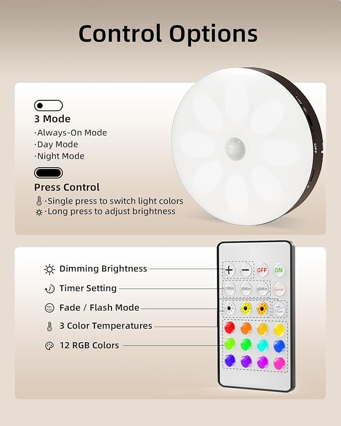 EZVALO Under Cabinet Lighting, 1000mAh Rechargeable Puck Lights with Remote, 3 Color Temps & 12 RGB Motion Sensor Closet Lights Indoor, Dimmable Under Counter Lights for Kitchen (Black, 6 Packs)