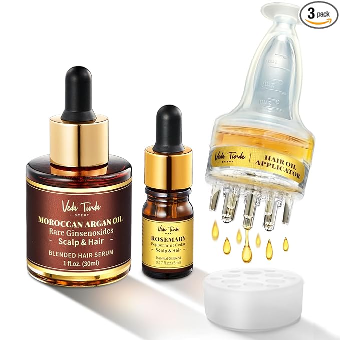 Rosemary Hair Growth Oil Set - Scalp Massager Applicator and Moroccan Argan Oil-Infused Serum for Hair Regrowth and Scalp Health Care