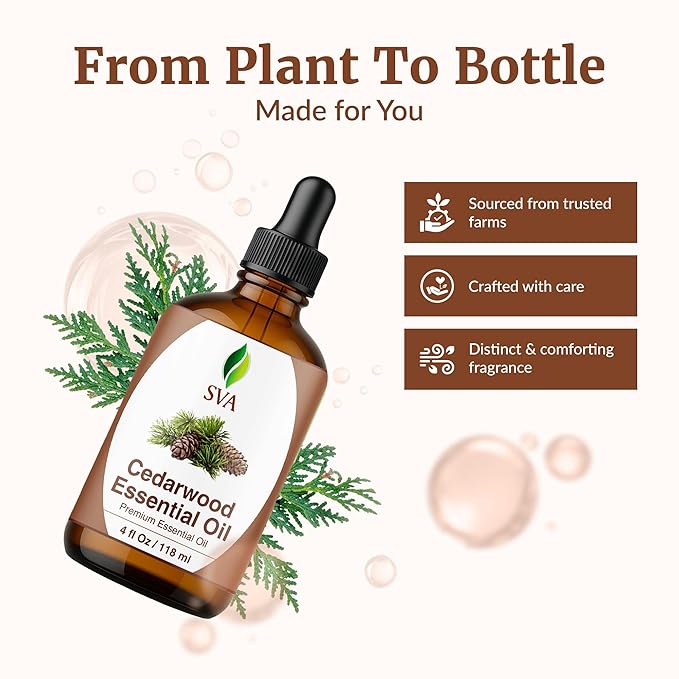 SVA Cedarwood Essential Oil – 4 Fl Oz – 100% Natural Cedar Cupressus Funebris Oil - for Diffuser, Hair Care, Face, Skin Care, Aromatherapy, Scalp and Body Massage, Soap and Candles - with Dropper