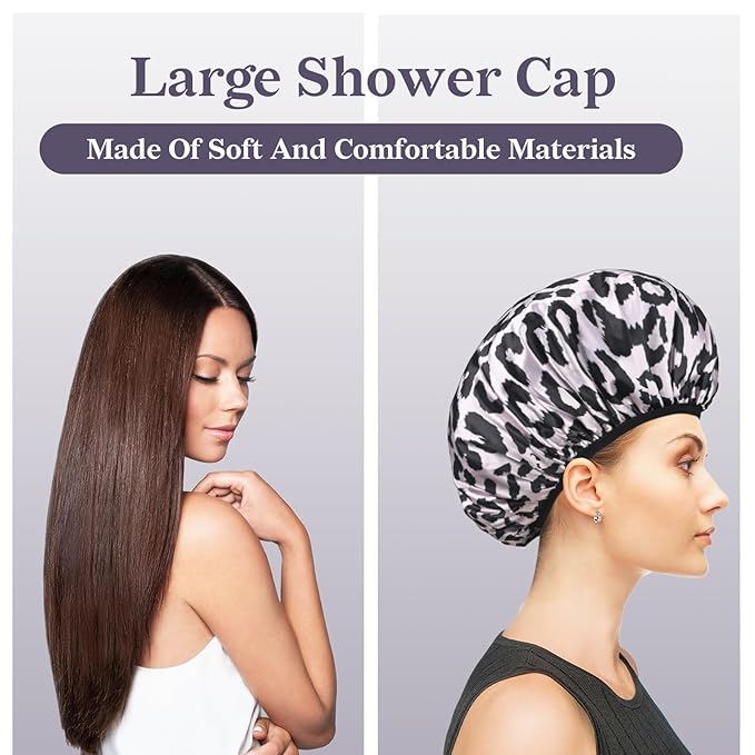 Pink Leopard Print Satin Shower Cap, Three-Layer Terry Cloth Lined, with Silk Hair Ties, Microfiber Waterproof Reusable Large Size Shower Cap for Women Long Thick Hair