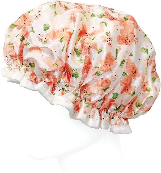 allydrew Reusable Women's Waterproof Shower Caps for Long Hair, Peach Floral