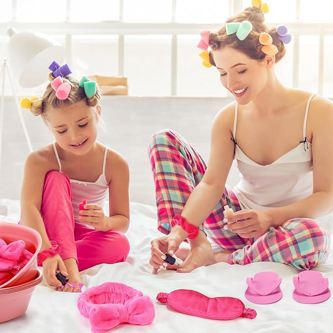 Thiccywoov 54Pcs Kids Foot Spa Party Supplies for Girl Spa Party Favors 6 Washbasin 6 Tote Bags 6 Hand Towels 6 Toe Separators 6 Hair Scrunchies 6 Hairband 6 Slipper 6 Eye Mask 6 Nail File(Rose Red)