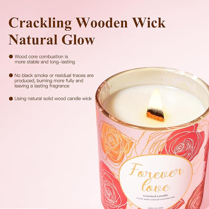 2 Pack Wood Wick Soy Wax Candle Gift Set for Women, Rose & Peony and Vanilla Amber, 11.3 Oz Each, Individually Boxed