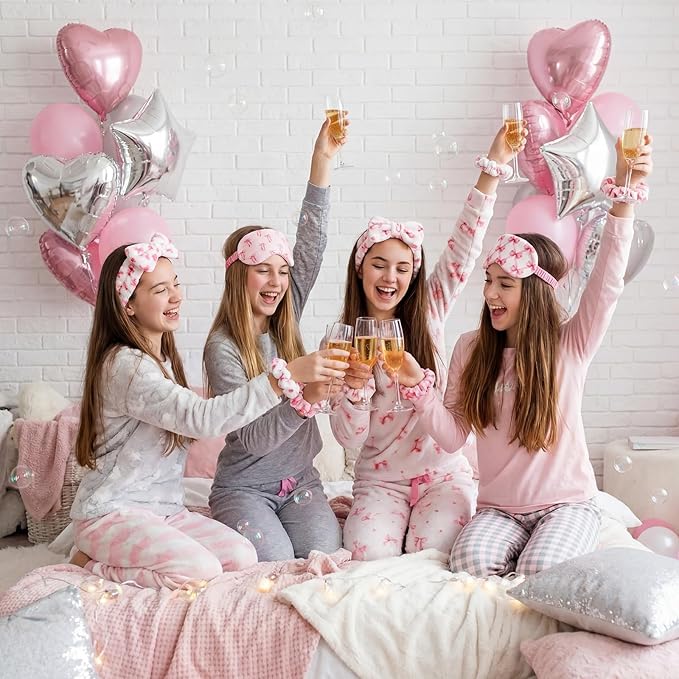 Kajaia 48 Pcs Sleepover Party Supplies for Girls Slumber Party Supplies for Women Spa Headband Favor Mask Scrunchies Bag (Bow,Pink)