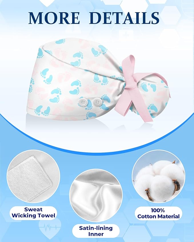 Plifal 100% Cotton Scrub Cap with Buttons-Nurse Cap with Sweatband for Women, Adjustable Working Hat,Satin Lined or Unlined