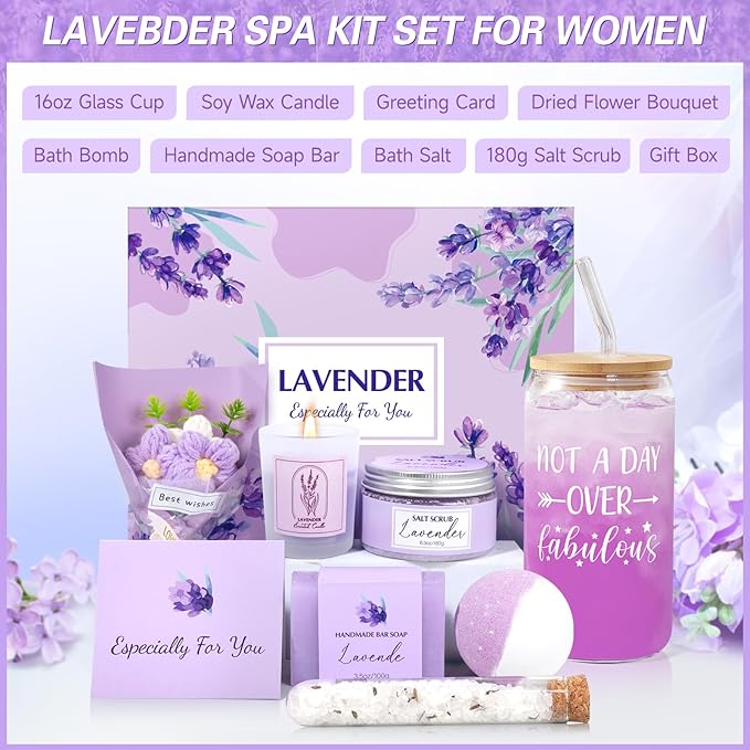 Mothers Day Gifts for Mom, Spa Baskets for Women, Birthday Gifts for Women, Lavender Gift Set, Relaxing Spa Kit Box, Bath and Body Box for Her Mom Wife Sister, Friends, Self Care Gift for Woman