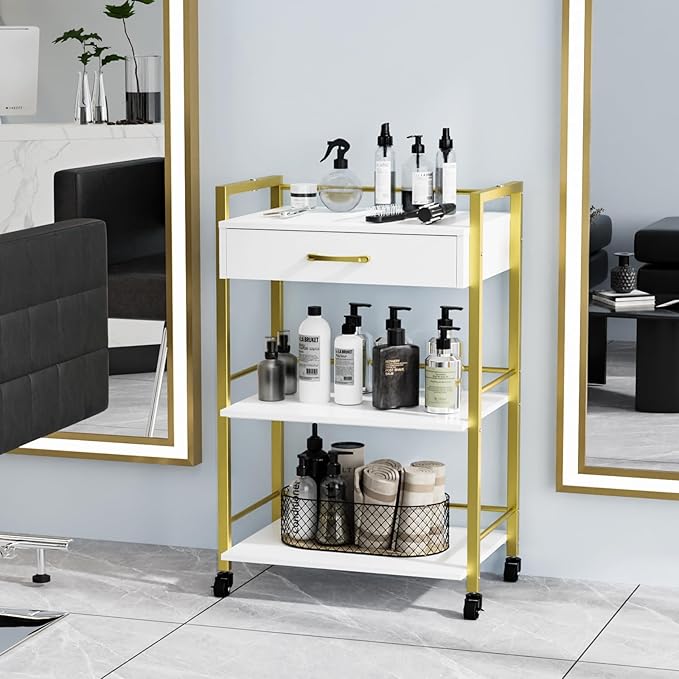 OmySalon Salon Trolley Cart with Wheels, Esthetician Cart with 1 Drawer & 2 Trays, Mobile Storage Organizer for Beauty Spa Massage Tattoo Esthetic Facial Tool Holder Station, White Gold