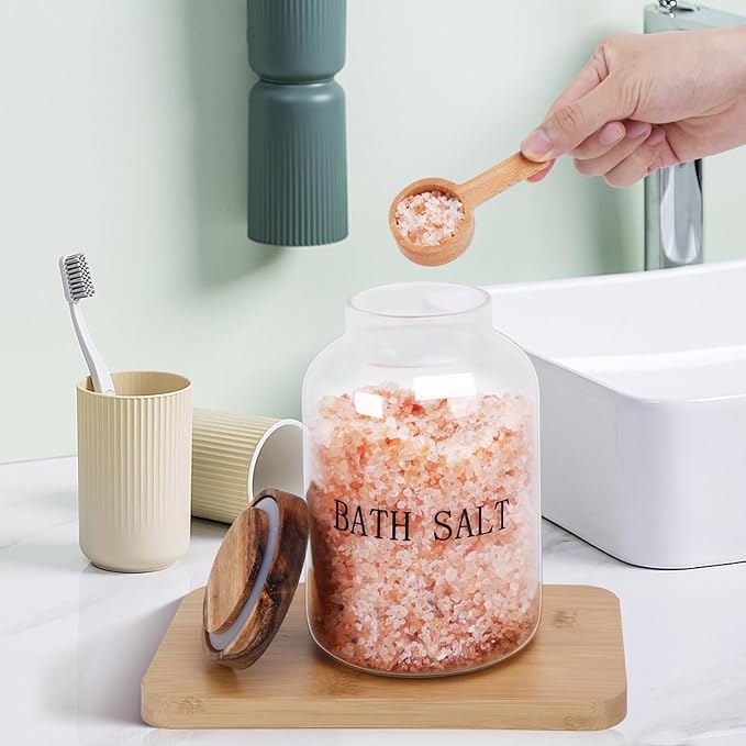 BKYFPQ 74 oz Glass Bath Salts Jar,Bath Salt Container with Wooden Lid and Scoop,Bathroom Organizers and Storage,for Bathroom Bath Decor,Home Decor,Bathtub Accessories for Women