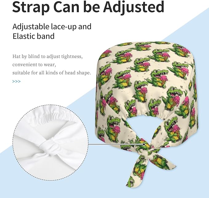 Alligator Ice Cream Working Cap, Scrub Cap with Sweatband, Adjustable Tie Back Hat Breathable Headgear for Women/Men