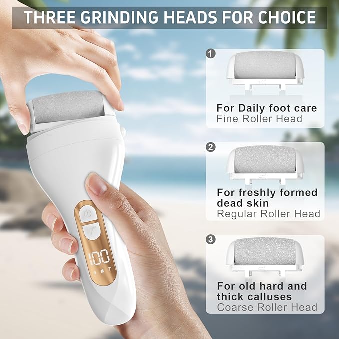 Electric Callus Remover for Feet,Professional Pedicure Kit Rechargeable Foot File Hard Skin Remover for Cracked Heels &Dead Skin,with 3 Roller Heads 2 Speed(White N9)