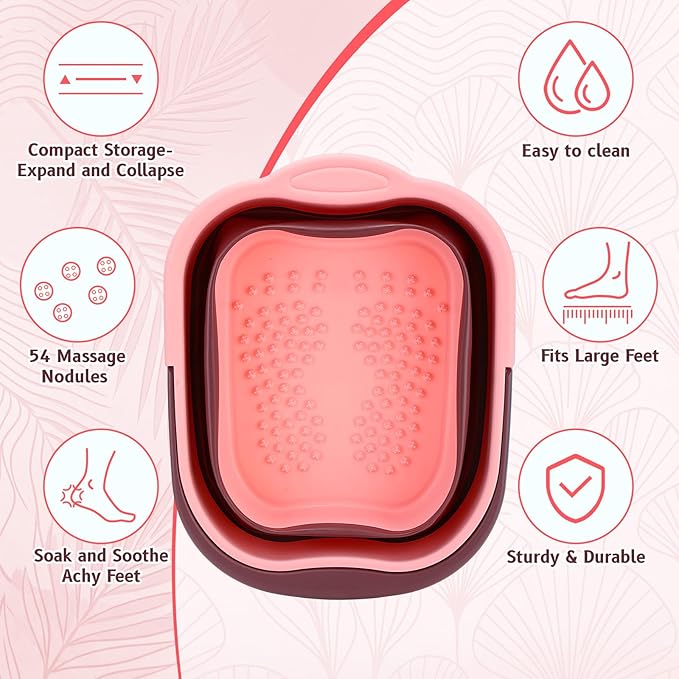 2 Pack Collapsible Foot Bath Plastic Foot Soaking Tub Portable Feet Bucket with Handles and Massage Acupoint for Feet Care Routine Home(Green and Pink)