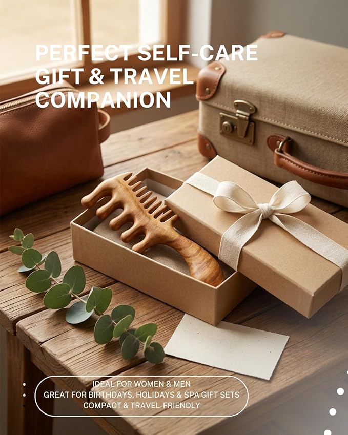 Wooden Scalp Massager Comb – Natural Wood Wide & Fine Tooth Hair Comb with Handle – Hair Massager Comb for Hair Growth, Scalp Care & Stress Relief – Detangling Tool for All Hair Types