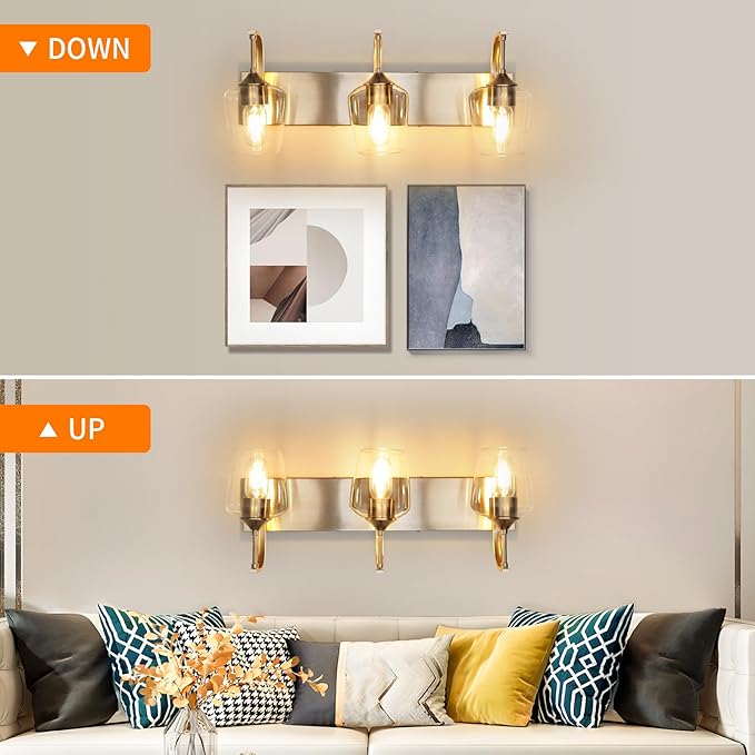 3-Light Brushed Nickel Bathroom Light Fixture With Clear Glass Shade, 23.62'' Modern Vanity Wall Lights for Bedroom Hallway Living Room (E26 Base)