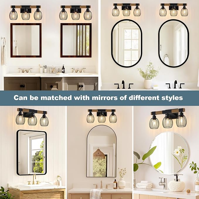 3-Light Farmhouse Bathroom Vanity Light Fixtures, Rustic Wood Bathroom Light Fixtures Over Mirror with Elegant Teardrop Cage, Vintage Black Wall Sconce Lighting for Bedroom Powder Room Kitchen