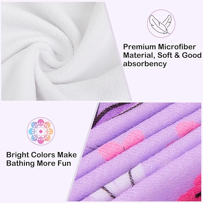 FIOBEE Microfiber Hair Towel Wrap for Kid Rapid Drying Towel Absorbent Hair Turbans for Wet Hair with Button Women Girls Long Curly Hair Pack of 2, Pink/Purple Butterfly
