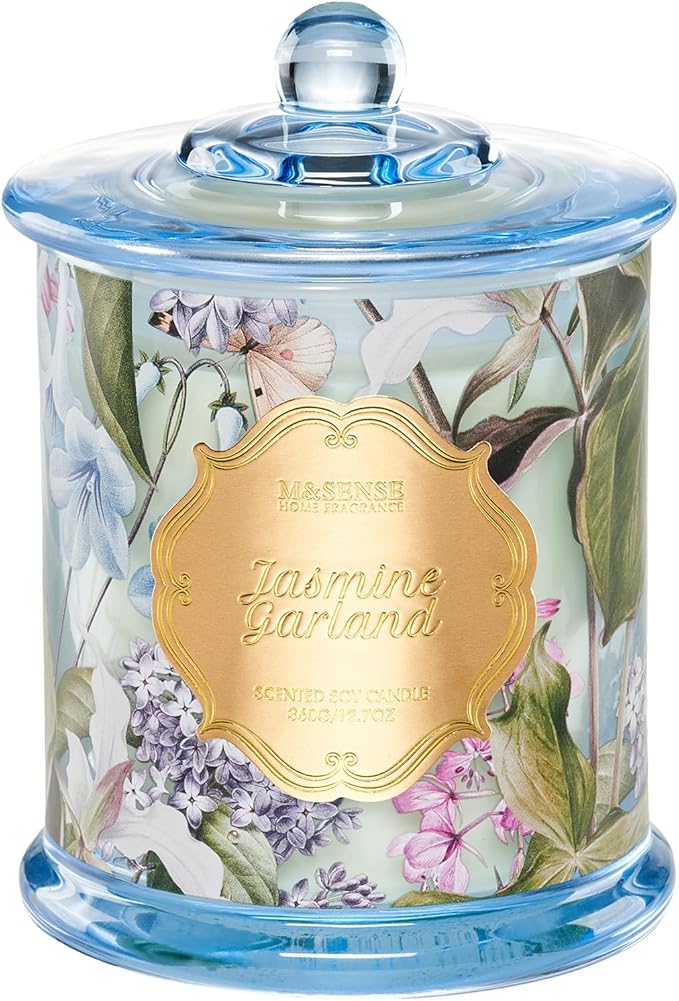 M&SENSE Jasmine Garland Spring Natural Soy Candle, 12.7oz 75H Slow Burning Floral Scented Candle, Home Aromatherapy, Perfect Present for Mom Her