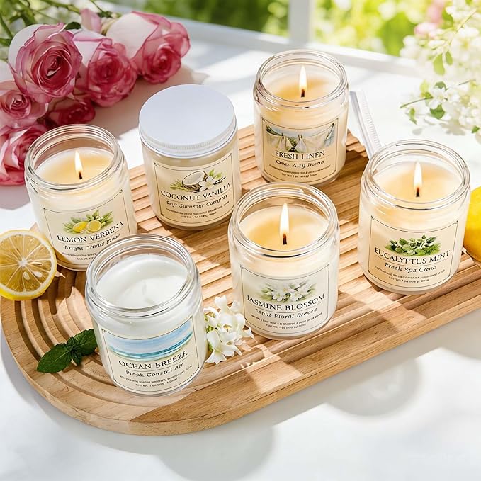 Scented Candles Gift Set for Women, 6 Pack Aromatherapy Soy Candles for Home, Coconut Vanilla, Lemon Verbena, Fresh Linen, Ocean Breeze, Eucalyptus Mint & Jasmine Blossom