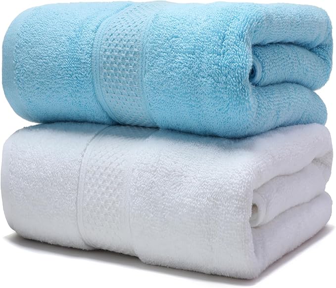 Cotton Bath Towels Set, 2-Piece Set(27x55 Inches) Super Absorbent Quick Drying, Soft,Suitable for Bathroom, spas, Gyms,Gift (Sky Blue,White)